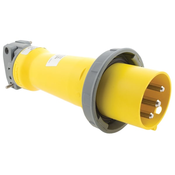Watertight Pin & Sleeve Plug, 16 A, 100/130V AC, Single Phase, 2 Pole, IEC Grounding, Yellow